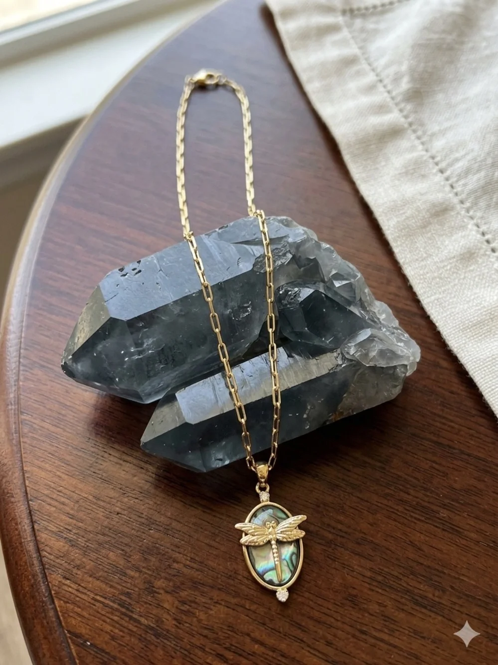 Gold Dragonfly Abalone Pendant Necklace - Iridescent Blue-Green